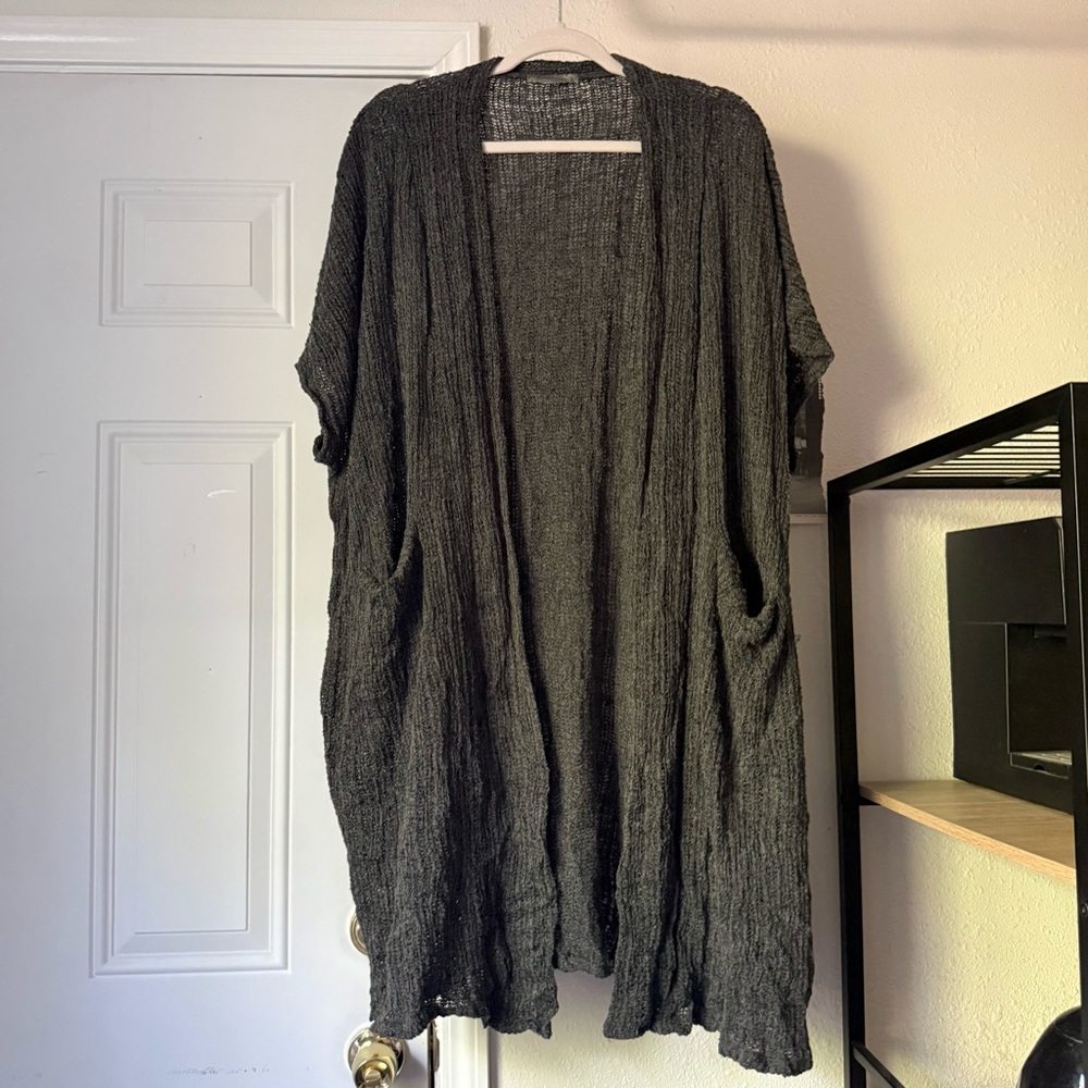 CHALET ET CECI grey open crochet knit long line short sleeve cardigan sweater